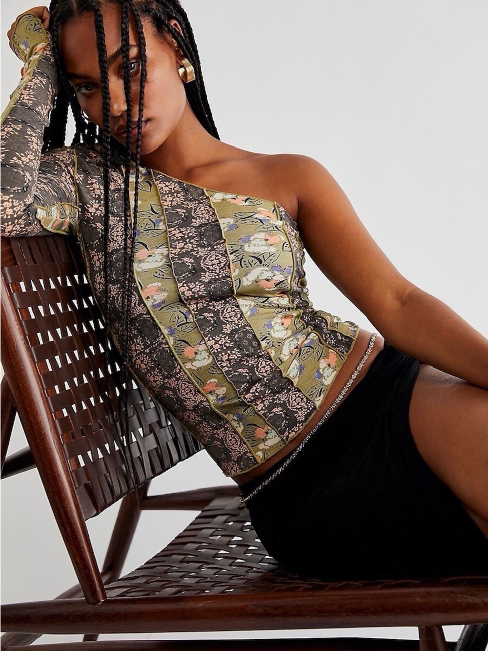Free People One-Shoulder Floral Patchwork Crop Top in Olive and Black